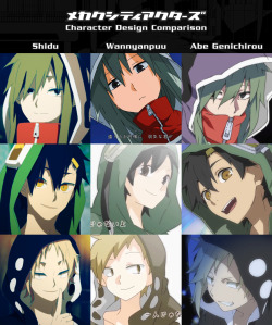 yoshi-x2:  Mekakucity Actors Character Design Comparison. Shidu and Abe Genichirou’s designs taken from the official website. Wannyanpuu’s designs taken from here and here. …Konoha is the only one Wannyanpuu has never drawn in any of her PVs. Shintaro’s