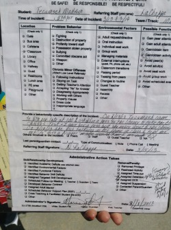 If you read closely, you can see that my friend Tecumseh got a referral. The description said: On 3/13/13 Tecumseh came to 5th per. late at 1:00 &amp; asked for a pass to the library to take the ELA CAHSEE Test, I gave her a pass but she never went to