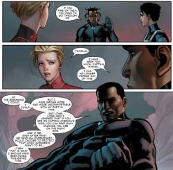 T’Challa: “Carol get the fucking message you’re wrong!”Carol: “But Ulysses told me that Miles is eeeeeviiiiiil we should lock him up”Goddammit Carol.BTW guys, i know that a lot of you are new to my tumblr, so the thing goes like this, every