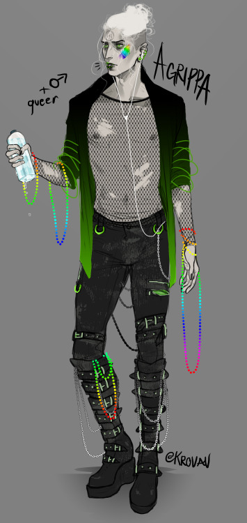   #Pride Outfit I bc I never get an excuse to show off my OC’s modern-verse fashion senses. Agrippa would be really into the goth/punk scene and would probably hate the scrubs he would have to wear for his job. It’s a good thing healers in his time