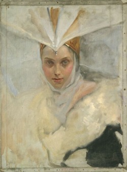 templeofapelles:  Edwin Austin Abbey  Woman with Osprey Headdress and White Fur Collar