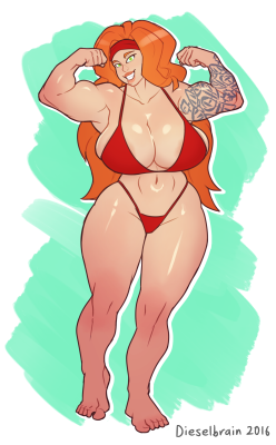 dieselbrain:  a commission for nysjar’s barbarian oc flexing and showing off her bod 