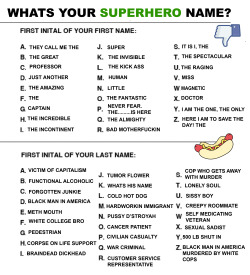 clearlyunknown:  samiinaction:  harryfloorcorn:  What’s your superhero name?  It is I, The cop who gets away with murder  never fear for I am SUPER PUSSY D’STROYAH
