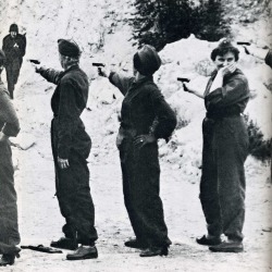 At a training session of a Swedish militia group, a volunteer finds something droll in target practice.