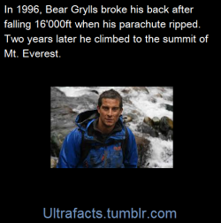 ultrafacts:  In 1996, he suffered a freefall parachuting accident in Zambia. His canopy ripped at 4,900 metres (16,000 ft), partially opening, causing him to fall and land on his parachute pack on his back, which partially  crushed three vertebrae. Grylls
