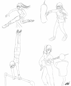Team RWBY workout doodles that I will color later. I imagin that this is what they do to keep in shape when they&rsquo;re not destroying Grimm.