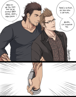 hanatsuki89:  Gladnis week day 3–&gt;   Gladio and Ignis get tricked by Prompto and Noct into going on a date.…but Prompto and Noct were unaware of the fact that their two friends had already gone on several dates and were in fact a couple.