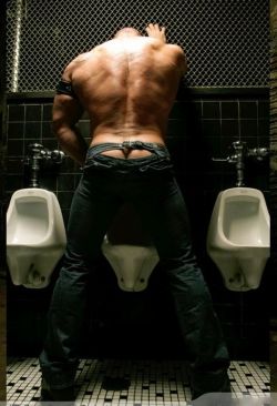 Restroom Hijinks, Part 2 A powerful stream of piss hit hard against theÂ urinal and a manly musk quickly wafted through the room. The torrent continued for several minutes as the musclebound man emptied out his king-size bladder. When done, Bryan&rsquo;s