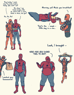 kwartha:  bluechubbin:    kawaiideathmatch asked for something with Spiderman and Deadpool; ended up doing more than usual because I had an idea for it. I was thinking about that gifset going around of a Deadpool cosplayer squeezing womens’ breasts