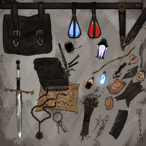 A Necromancer’s BagSpeedpaint | Patreon | Ko-fiRead more for character lore:First of (hopefully) a series of character inventories. Meet Vikrolomen’s primary travelling-light bag, worn on an alchemist’s belt. He would carry this with him on short
