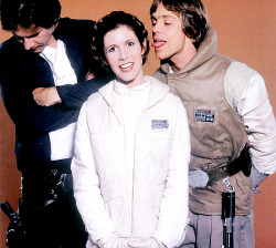 andysmcnally:    Mark Hamill, Harrison Ford, and Carrie Fisher were all taken aback by George Lucas’s decided lack of good dialogue skills. They stood up to him-and Lucas, chastened, allowed the actors to basically improvise their own wording for the
