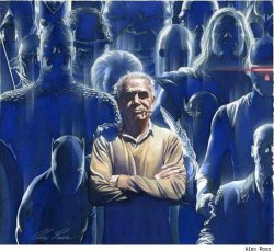 eric-coldfire: polygonalfish:  jazzhandscomics:  Jack Kirby by Alex Ross Today is the King’s 100th birthday and today we remember the man who shaped American comics.  He looks like he’s gonna use his ghostly army of superheros to kick my entire ass