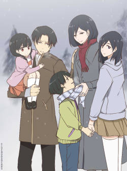 fuku-shuu:elvendashears:  Crossover Family  Levi x Mikasa + Nase Siblings = Humanity’s Strongest family  LOL formula. (눈‸눈) ”Mikasa. Honey…I’m not getting any younger, the scarf is fine let’s go”  I AM LITERALLY SHAKING AND CRYING