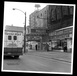 Vintage photo dated from March of &lsquo;64, features the marquee and entrance to Chicago&rsquo;s 'FOLLIES Theatre&rsquo; (once known as the 'GEM Theatre&rsquo;); located at 450 S. State Street..