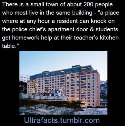 eclipse-strider: tiffanarchy:  walkingoutintherain:  jmindigo:  letloosethekraken:  ultrafacts:  Whittier, Alaska, is a town of about 200 people, almost all of whom live in a 14-story former Army barracks built in 1956. The building, called Begich Towers,