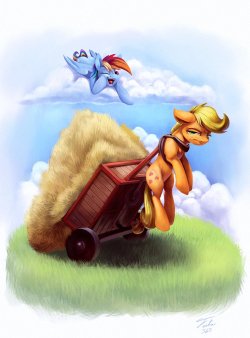 texasuberalles:  tsitra360:  Heavy Load by Tsitra360  AJ is a silly pony!  Please retweet if you like this drawing :D.   “Yeah, yeah– laugh it up, buzzbomb. Only thing you can haul is ass.” 