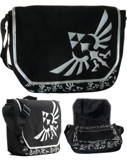 gamefreaksnz:  Nintendo Zelda Black/Silver Messenger Laptop Bag  Measures 15.5” wide x 11.75” high x 4” deep.  2 large inner slip in pockets-one with a Velcro strap to secure your laptop!  Additional features include: an adjustable shoulder strap,