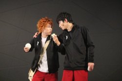 honyakukanomangen:More photos of the Haikyuu!! stage play. (Part 2)Source: Enterãƒ»Stage &amp; Natalie [First 3 from the first link and last 2 from the second] Oh man, that scene with the meatbuns and that group pose by Seijou. XD And then Oikawa and
