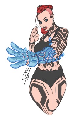 bigmsaxon:/tg/ request for a futuristic monk with holographic-armor emitting tattoos.