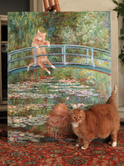starsandmelodies:   Zarathustra the cat with his life size portrait by Claude Monet.  Claude Meownet  I hate you