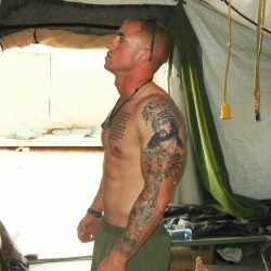 militaryboysunleashed:  bannock-hou:  Active duty, blue eyed soldier with christ on his arm and showing his dick off, love the contradiction, sacrilege.   Another one of my originals…