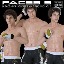 Faces  5 for Michael 6 and Genesis 2 Male is comprised of 10 custom face  morphs without any textures.   Files for DAZ Studio 4.9 and up are optimized in this set.  Apply INJ  pose files directly to Genesis 2 Male/M6, then apply faces for M6 or  G2M.