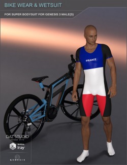 SF-Design is back in action with more fantastic textures!  New Bike Wear and Wetsuit styles for Super Bodysuit for Genesis 3 Male(s). 6 materials for the shorts and shirt. 12 sock styles and 12 water shoe styles. A tool preset to hide the trim of the