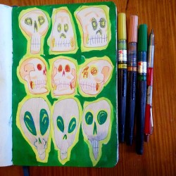 Adding color to previously doodled skulls. #mattbernson #skulls #artistsontumblr #artistsoninstagram  #ink #drawing #pentelbrushpen