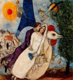 lyghtmylife:  Marc Chagall  [Russian-born French Painter and Stained Glass Artist, 1887-1985] The Betrothed and Eiffel Tower (Les fiancés de la tour Eiffel), 1913 Oil on canvas Musée National Message Biblique Marc Chagall, Nice, France 