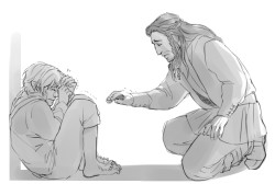 kaciart:  After the previous picture we decided to move a similar instance to the Teen au where Bilbo worked up the courage to hug Thorin from behind And Thorin reacted instinctively and floored Bilbo thinking it was an enemy. Read More 