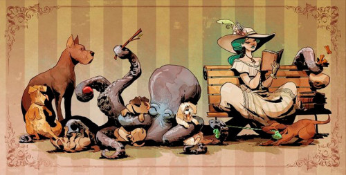 blondebrainpower:A lady and an octopus at play  Artist: Brian Kesinger