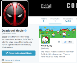 a-storm-for-every-spring:fuckyesdeadpool:Deadpool’s official movie twitter follows only one other account They’re already doing it right