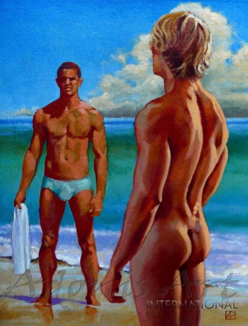 gay-erotic-art:  men-in-art:  Beach EncounterAndrew Potter   Autumn has arrived and we say goodbye to summer and all that comes with it. Many gay artists, photographers and painters, use the beach as their setting to great effect. For the next few days