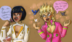 Buccellati just wants to enjoy his cake while Giorno tries a grate party trick as a last minute gift idea. Bruno is unimpressed but is still polite. Lines by me and awesome coloring job once again done by oklahomajones!!! Our joint bday gift!
