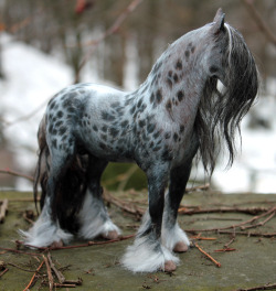 quequinoxart:  &ldquo;Kismet&rdquo; ooak appaloosa gypsy vanner horse sculpture. He is made from polymer clay over a wire and foil armature, and painted in acrylics. His hair is a blend of mohair.  He’s for sale on etsy! 