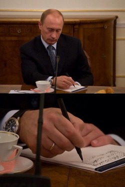 mellow-humanitarian:dontneedfeminism:hominishostilis:socialjust-ish:you-all-hate-me:blondeisawesome:Putin “taking notes” during Obama’s speech.If obama was speaking I’d do the same thingWhile it’s very possible he’s doodling, let us not forget