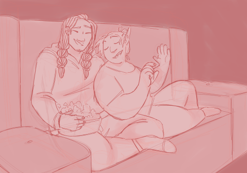 goofybastardzone: date night 🤠 [id: two drawings of taako and kravitz done in shades of red.  in the first image sitting on a couch together.  taako appears to be mid conversation as kravitz laughs beside him.  in the second image kravitz says “babe
