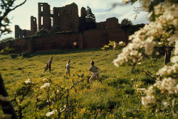 natgeofound:  Young boys throw a ball on a lush green hillside below castle ruins in Warwickshire, England, 1968.Photograph by Ted Spiegel, National Geographic
