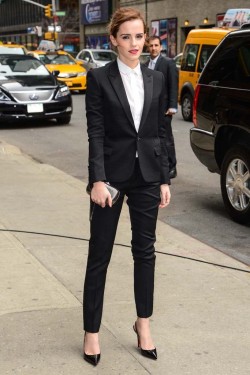 womensweardaily:  Celebrity Trendsetter of the Week: Emma Watson Photo by Ray Tamarra/WireImage Dressed in a Saint Laurent suit, Emma Watson got in a dapper mood for her appearance on “The Late Show with David Letterman.”  rockin the mafalda hopkirk