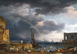 Claude-Joseph Vernet (Avignone 1714 - Paris 1789); The rainbow - An Italianate coastal view with a rainbow, peasants at an inlet in the foreground, 1749; oil on canvas, 162,7 x 114,3 cm