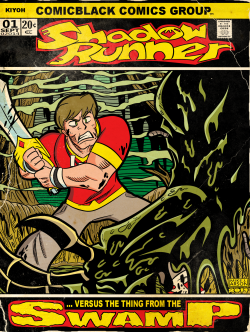 This was commissioned by someone on deviantART called Comicblack, and he wanted me to make a vintage comic cover of his character about to face off against a swamp monster.