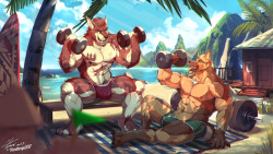 werethropelaporte:‘The Muscle Beach!’ -   A collaboration I worked on with the talented CanyneKhai | CKStudio !With special thanks to his friend when it came to communicating :)Enjoy that heat &lt;3————-Overview of work:CK - Initial sketch