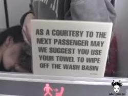 airplane-flashers:  Airplane bathroom blowjob - “As a courtesy to the next passenger may we suggest you use yoru towel to wipe off …. “