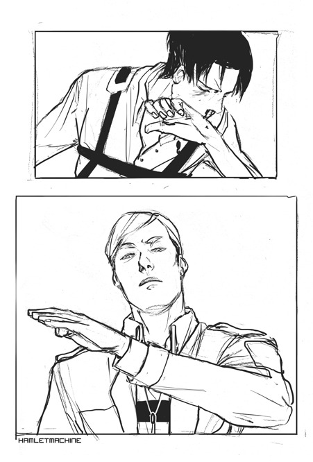 Quick sketch of Erwin/Levi discipline (sfw/blood)   I imagine Levi&rsquo;s first few weeks in the Scouting Legion are difficult;;