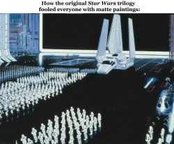 unclejetpack:  kokainekate:  scarletheart333:  starwarsheckyeah:  as-warm-as-choco:  Before the computing era, ILM was the master of oil matte painting, making audiences believe that some of the sets in the original Star Wars and Indiana Jones trilogy