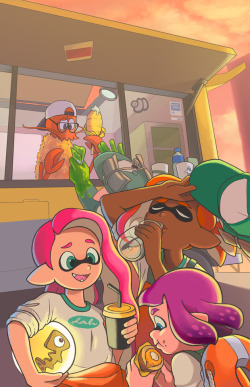 orca-art:  My piece for the @splat2zine charity zine!! Just some squids winding down getting some much-needed eats after a hard day’s work at Grizzco. Today’s the day we get to reveal our complete pieces for the zine, so keep an eye out for the awesome