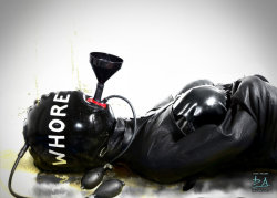 tasksforsubsandslaves:  Objectified They called her the whore cum bag purely because the black latex outfit made her look like a trash bag and it’s where cum was dumped constantly throughout the day in the fetish club. At first she hated the taste but