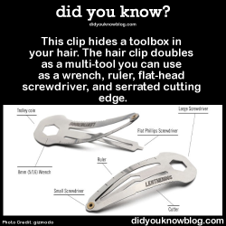 futurist-foresight:  did-you-kno:This clip hides a toolbox in your hair. The hair clip doubles as a multi-tool you can use as a wrench, ruler, flat-head screwdriver, and serrated cutting edge.  Source Innovative though not sure how practical or useful.