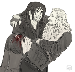 hvit-ravn:  kili trying to rescue and take care of injured fili. (probably fili hurts yourself saving kili from something) ‘fili, are you alright? can you hear me? it hurts? it’s all my fault…’ ‘i told you, kili, i’m fine. it’s nothing,