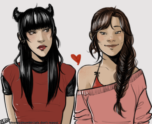 bluberry-spicehead:bleekay:  can i interest u in some Girls?    [Image ID: Image is a digital drawing of mai and ty lee shown from the chest up. Mai is wearing a red top over a black tank and has configured her hair into horns. Ty lee is to her right
